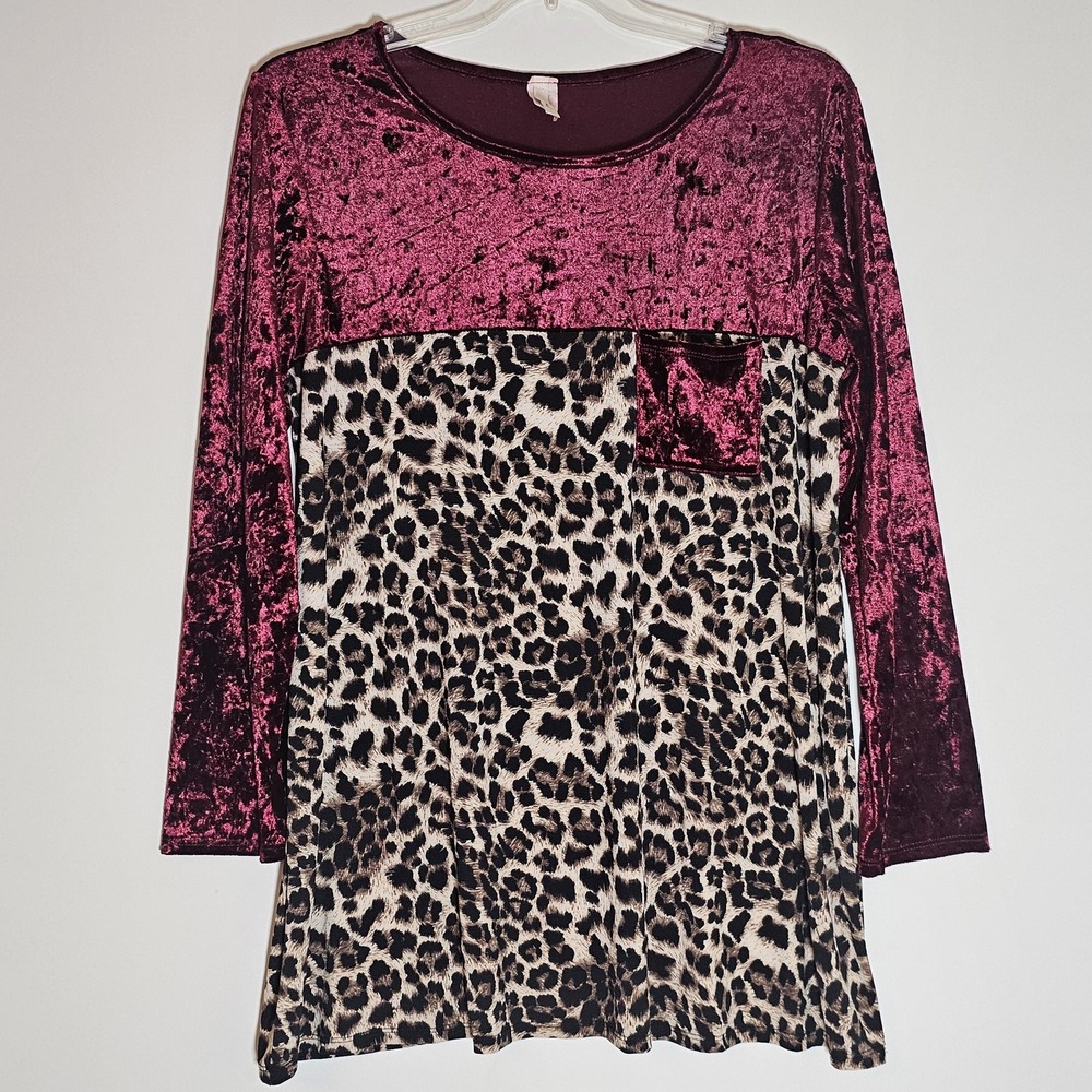 Lilypad Tunic Top Womens 3X Burgundy Velvet Leopard Print Long Sleeve Pocket